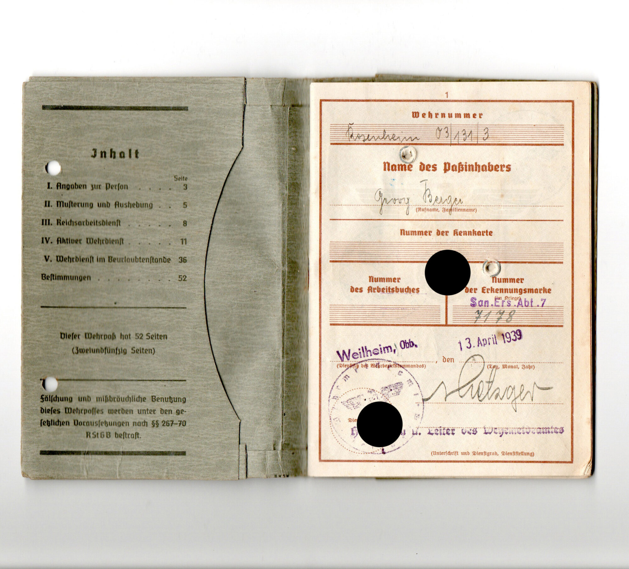 Wehrpass 5./San.Ers.Abtl.7