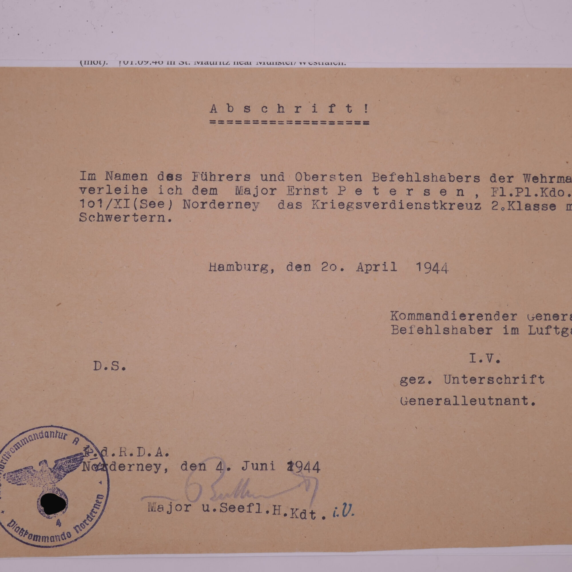 20251215-191907136 Abschrift Urkunde zum KVK 2.Klasse Norderney Major Ernst Petersen.